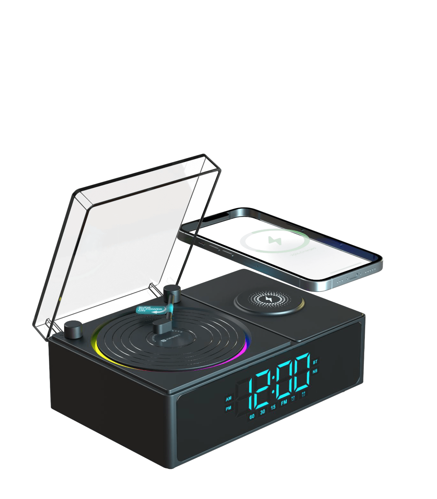 Retro Turntable Bluetooth Speaker with Clock and Wireless Charger