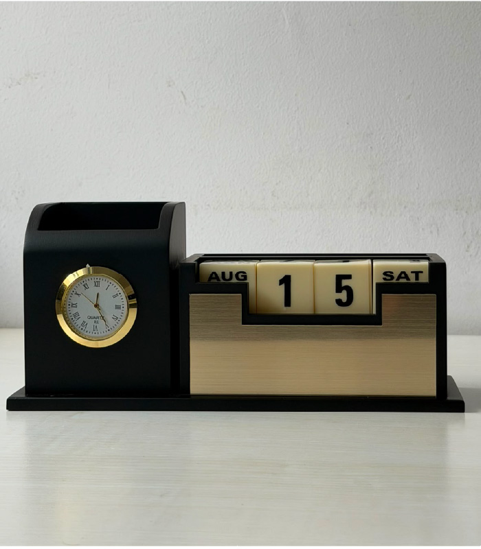 Black Wooden Desk Organizer with Clock and Block Calendar