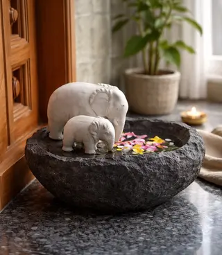 Stone-Finish Urli Bowl with White Elephant Figurines